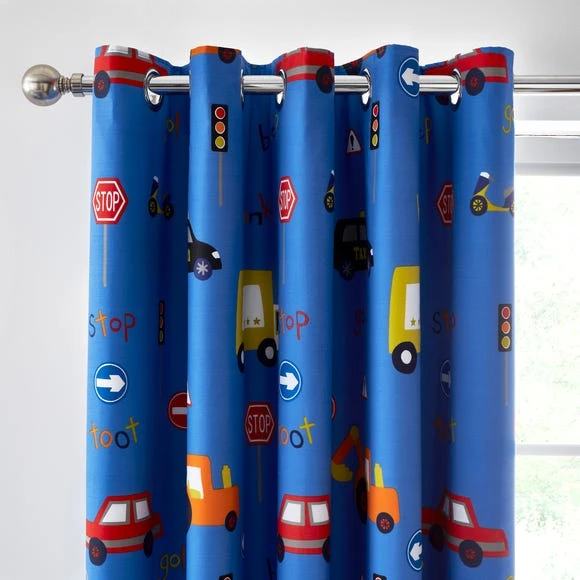 Dunelm Transport Blue Blackout Eyelet Curtains Kids 4 Dunelm Transport Blue Blackout Eyelet Curtains Kids - Image 4