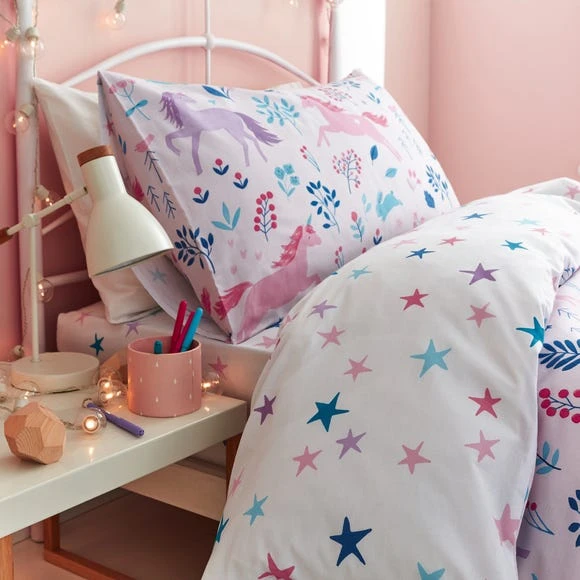 Bianca Cotton Bianca Woodland Unicorn And Stars 100% Cotton Duvet Cover and Pillowcase Set Duvet Cover Sets, Soft Pink, Reversible 3 Bianca Cotton Bianca Woodland Unicorn And Stars 100% Cotton Duvet Cover and Pillowcase Set Duvet Cover Sets, Soft Pink, Reversible - Image 3