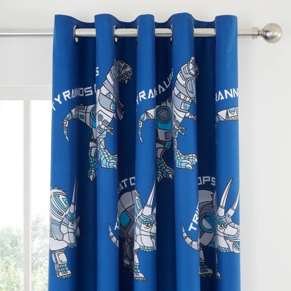 Catherine Lansfield Blue Dinobot Blackout Eyelet Curtains Polycotton, Patterned, Dinosaur 3 Catherine Lansfield Blue Dinobot Blackout Eyelet Curtains Polycotton, Patterned, Dinosaur - Image 3
