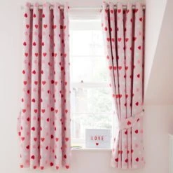 Dunelm Loveable Hearts Blackout Eyelet Curtains Pink, Cotton, Kids