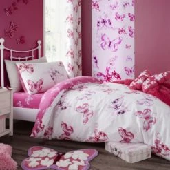 Catherine Lansfield Butterfly Pink Single Duvet Cover and Pillowcase Set Reversible, Duvet Cover Sets, Butterflies