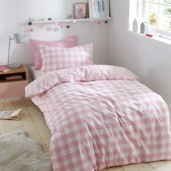 Dunelm Gingham Pink Duvet Cover and Pillowcase Set Reversible, Duvet Cover Sets, Polycotton