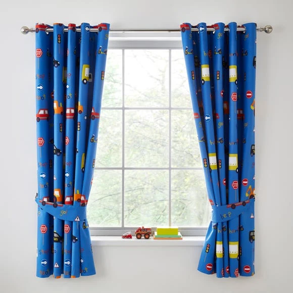 Dunelm Transport Blue Blackout Eyelet Curtains Kids 1 Dunelm Transport Blue Blackout Eyelet Curtains Kids