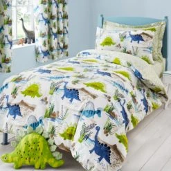 Dunelm Roar! Dinosaur Reversible Green Duvet Cover and Pillowcase Set Polycotton, Animals, Duvet Cover Sets