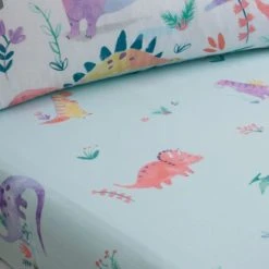Dunelm Dinosaur Pink Fitted Sheet Patterned, Polycotton, Fitted Sheets