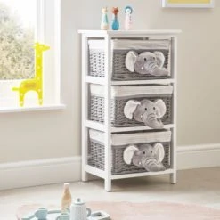Dunelm Grey Plush Elephant 3 Drawer Wicker Drawer Unit Plain, Boho, Storage Baskets