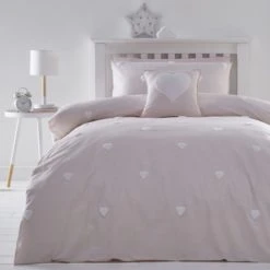 Dunelm Pink Tufted Hearts 100% Cotton Duvet Cover and Pillowcase Set Duvet Cover Sets