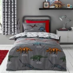 Dunelm Dinosaur Friends Grey 100% Cotton Duvet Cover and Pillowcase Set Reversible, Duvet Cover Sets, Printed