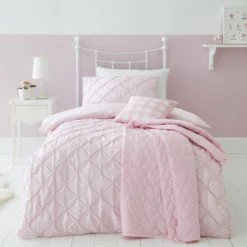 Dunelm Pintuck Pink Polka Dot 100% Cotton Duvet Cover and Pillowcase Set Duvet Cover Sets, Reversible, Printed