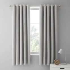 Dunelm Mini Waffle Grey Blackout Eyelet Curtains Plain, Light Grey, Cotton