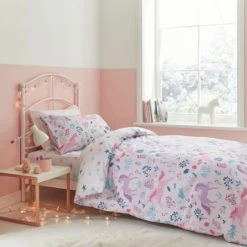 Bianca Cotton Bianca Woodland Unicorn And Stars 100% Cotton Duvet Cover and Pillowcase Set Duvet Cover Sets, Soft Pink, Reversible