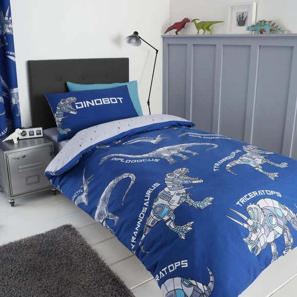 Catherine Lansfield Blue Dinobot Duvet Cover and Pillowcase Set Light Blue, Dinosaur, Patterned 1 Catherine Lansfield Blue Dinobot Duvet Cover and Pillowcase Set Light Blue, Dinosaur, Patterned