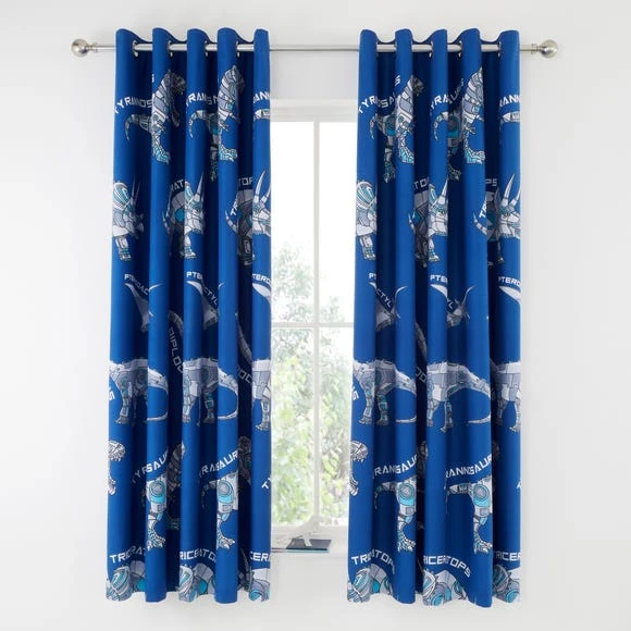 Catherine Lansfield Blue Dinobot Blackout Eyelet Curtains Polycotton, Patterned, Dinosaur 1 Catherine Lansfield Blue Dinobot Blackout Eyelet Curtains Polycotton, Patterned, Dinosaur