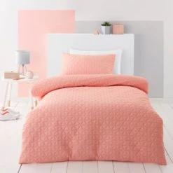 Dunelm Coral Geo Pinsonic Quilted Duvet Cover and Pillowcase Set Duvet Cover Sets, Geometric, Polyester