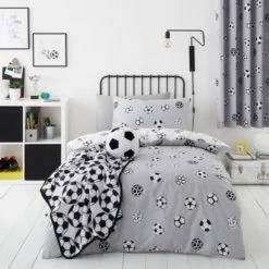 Dunelm Football Grey and White Reversible Duvet Cover and Pillowcase Set Polycotton, Patterned, Duvet Cover Sets
