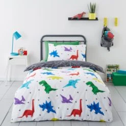 Dunelm Origami Dino 100% Cotton Reversible Duvet Cover and Pillowcase Set Patterned, Dinosaur, Duvet Cover Sets