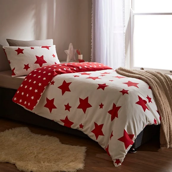 Dunelm Red Stars 100% Brushed Cotton Reversible Duvet Cover and Pillowcase Set Duvet Cover Sets, Printed, White 2 Dunelm Red Stars 100% Brushed Cotton Reversible Duvet Cover and Pillowcase Set Duvet Cover Sets, Printed, White - Image 2