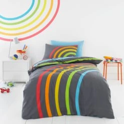 Dunelm Elements Rainbow 100% Cotton Duvet Cover and Pillowcase Set Reversible, Duvet Cover Sets, Grey