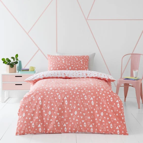 Dunelm Triangle Duvet Cover and Pillowcase Set Polycotton, Coral, Reversible 1 Dunelm Triangle Duvet Cover and Pillowcase Set Polycotton, Coral, Reversible