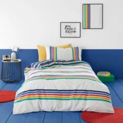 Dunelm Retro Stripe 100% Cotton Duvet Cover and Pillowcase Set Striped, Reversible, MultiColoured