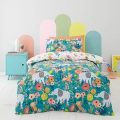 Dunelm Jungle Carnival 100% Cotton Duvet Cover and Pillowcase Set Duvet Cover Sets, Teal (Green), Kids