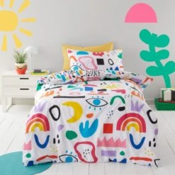 Dunelm Elements Abstract 100% Cotton Duvet Cover and Pillowcase Set Duvet Cover Sets, MultiColoured, Reversible